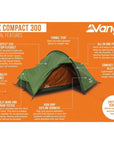 Vango Apex Compact 300 Tent - 3 Man Trekking Tent (Forest Green) 2025