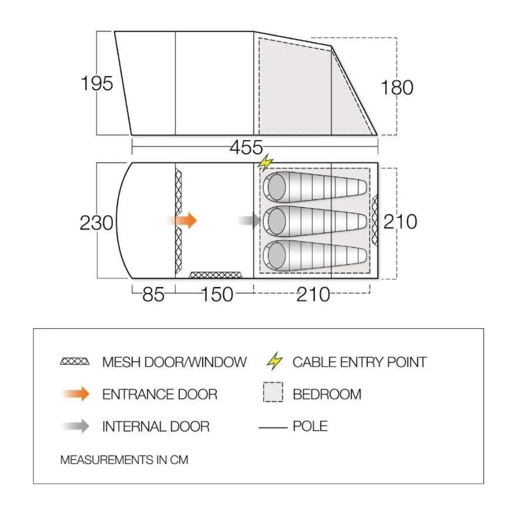 Vango Harris 350 Tent - 3 Person Family Poled Tent - Measurements