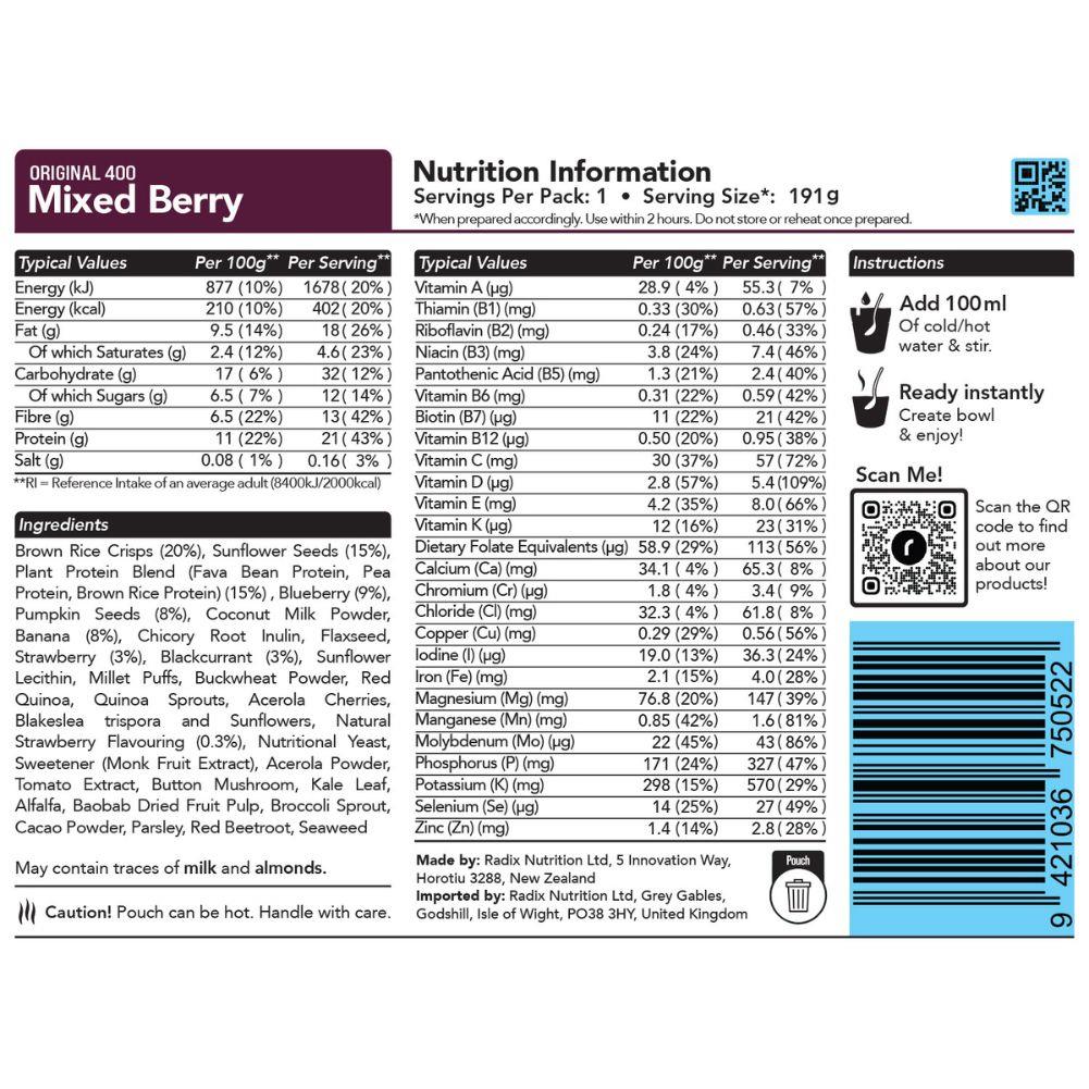 Radix Nutrition Original Breakfast v9.0 - 400Kcal (Mixed Berry) back