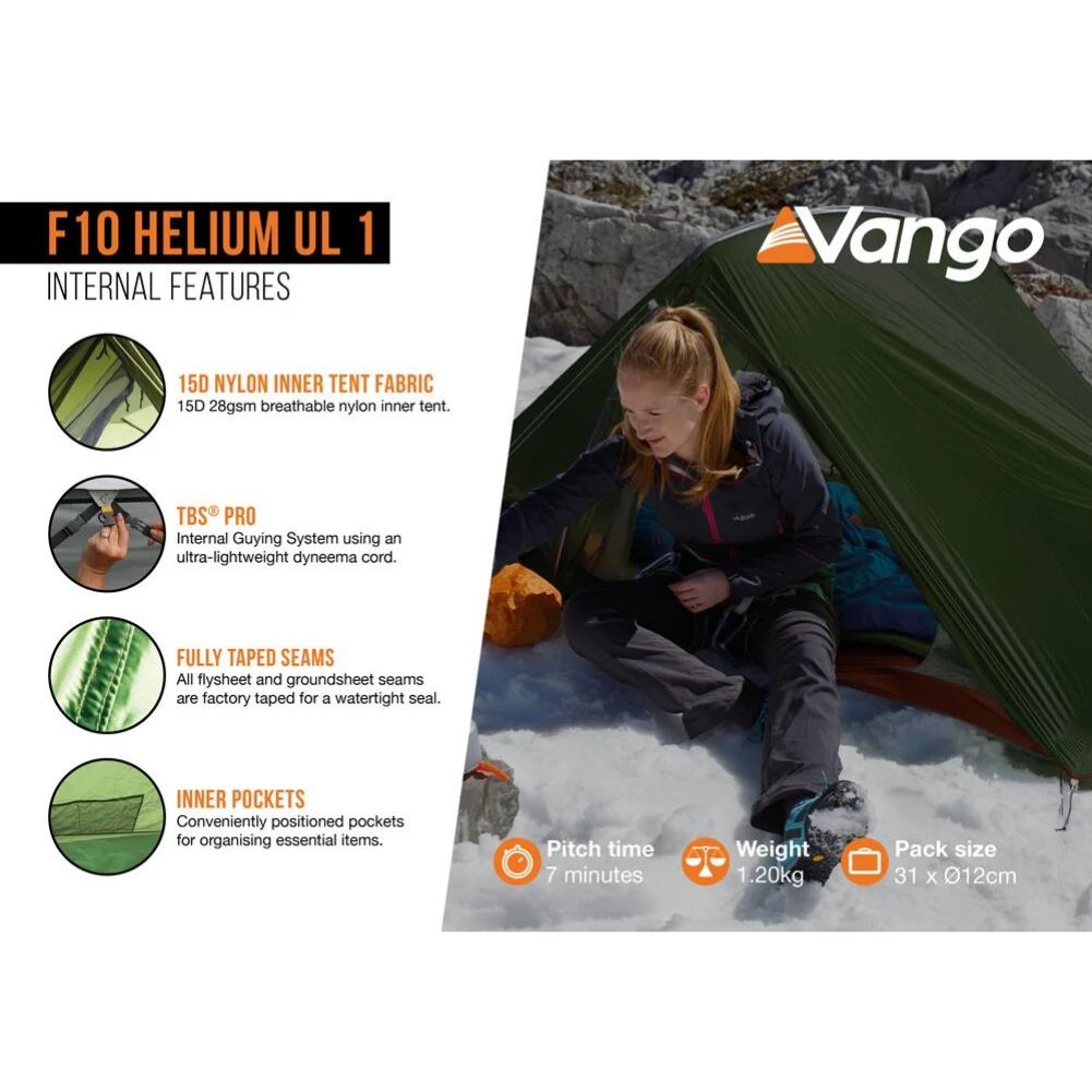 Force Ten (F10) Helium 1 UL Lightweight Tent - 1 Man Trekking Tent