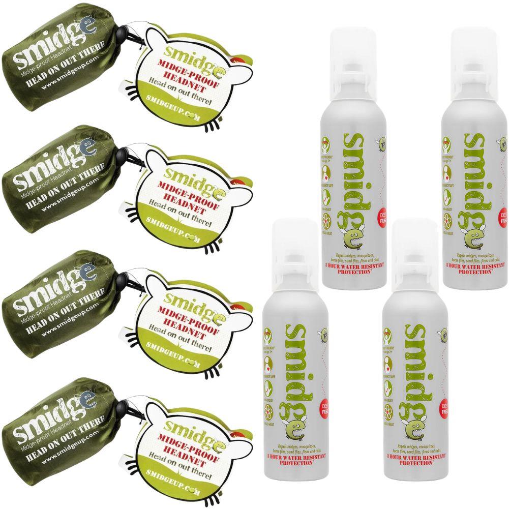 Smidge Midge and Insect-Proof Head Net & Smidge Spray 75ml (4 Pack)