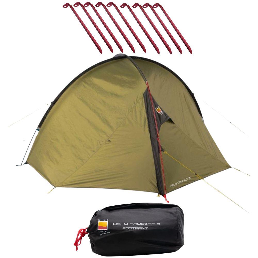 Wild Country Helm Compact 3 Tent + Helm Compact 3 Footprint + Aluminium Alloy V-Angle Peg (10 Pack)
