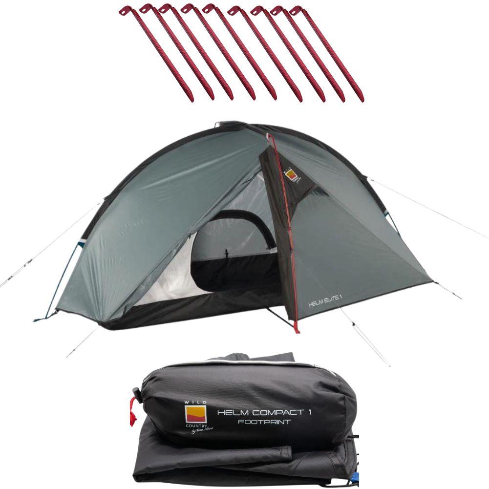 Wild Country Helm Elite 1 Tent + Helm Compact 1 Footprint + Free Wild Country Aluminium Alloy V-Angle Peg (10 Pack)