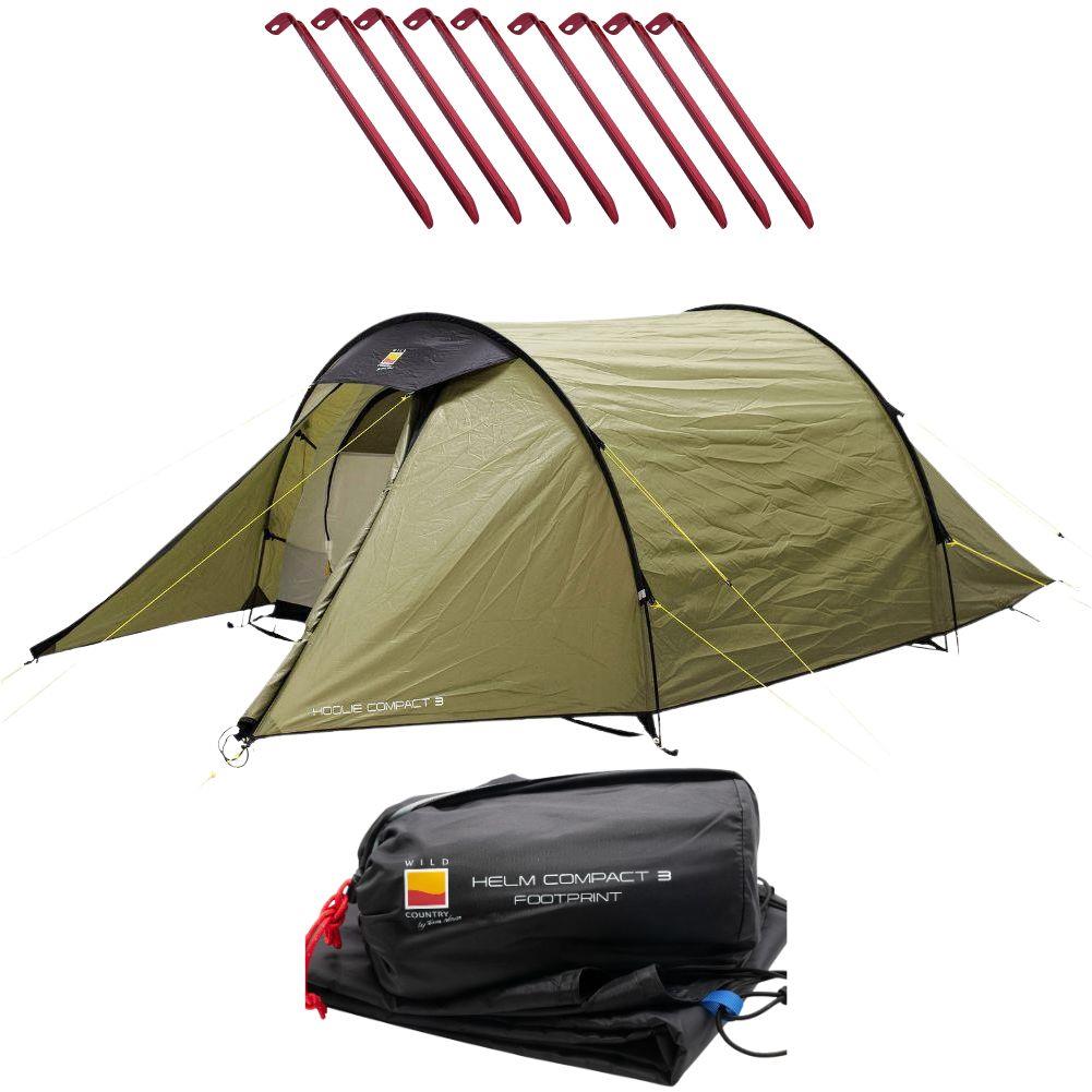 Wild Country Hoolie Compact 3 Tent + Hoolie Compact 3 Footprint + Free Wild Country Aluminium Alloy V-Angle Peg (10 Pack)