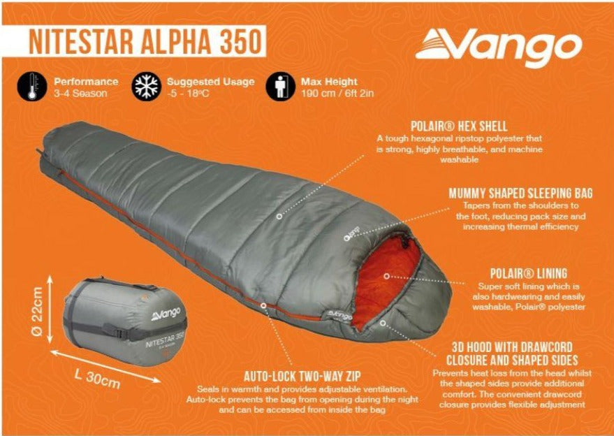 Vango Nitestar Alpha 350 Sleeping Bag (Fog) info