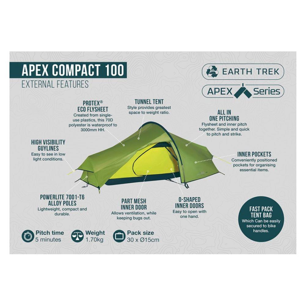 Vango Apex Compact 100 Tent - 1 Man Lightweight Tent (Pamir Green) - Measurements