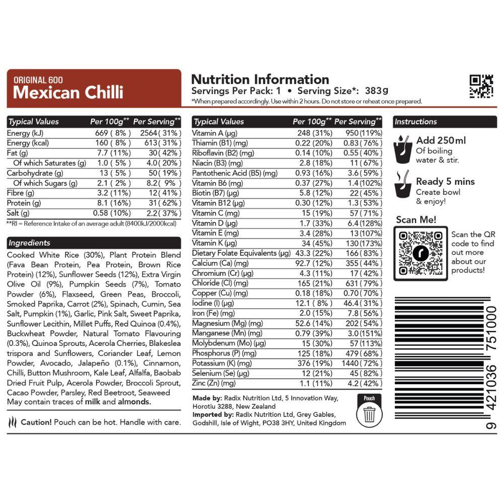 Radix Nutrition Original Meals v8.0 - 600Kcal (Mexican Chili)
