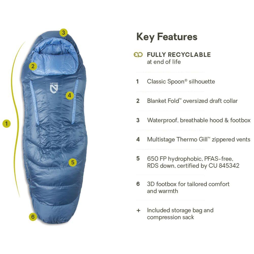 Nemo Equipment Women's Disco Endless Promise 30°F Regular Down Sleeping Bag (Blue Horizon) Info