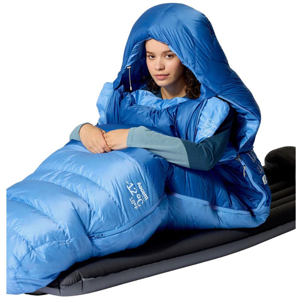 Rab Women's Ascent Down Sleeping Bag (-6°C) - Regular - Left Zip (Dark Bluebird/Bluebird) sitting
