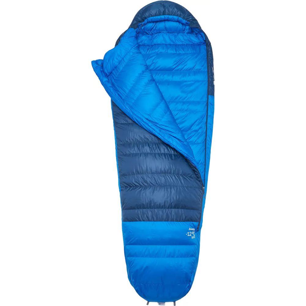 Rab Ascent Down Sleeping Bag (-12°C) - Regular - Right Zip (Tempest Blue/Maya Blue) open