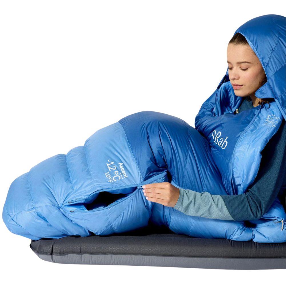 Rab Women's Ascent Down Sleeping Bag (-12°C) - Regular - Left Zip (Dark Bluebird/Bluebird) open zip