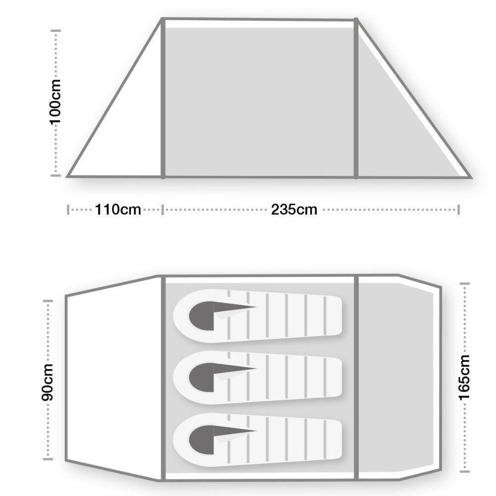 Wild Country Hoolie Compact 3 Tent + Hoolie Compact 3 Footprint + Free Wild Country Aluminium Alloy V-Angle Peg (10 Pack) Measurements