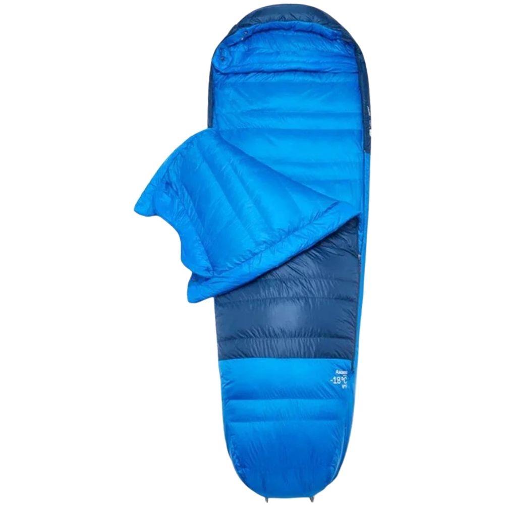 Rab Ascent Down Sleeping Bag (-18°C) - Long - Left Zip (Tempest Blue/Maya Blue) open
